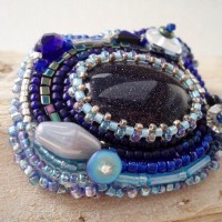 Blue Goldstone bead embroidered Brooch