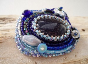 Blue Goldstone bead embroidered Brooch by Amanda Crago of Bowerbird Jewellery