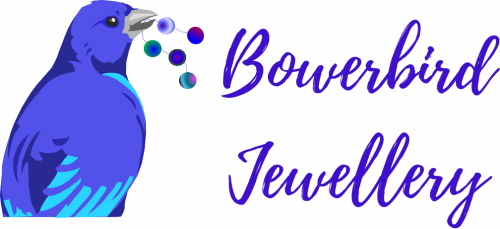 Bowerbird Jewellery logo of a blue bird holding a sting of beads in its beak
