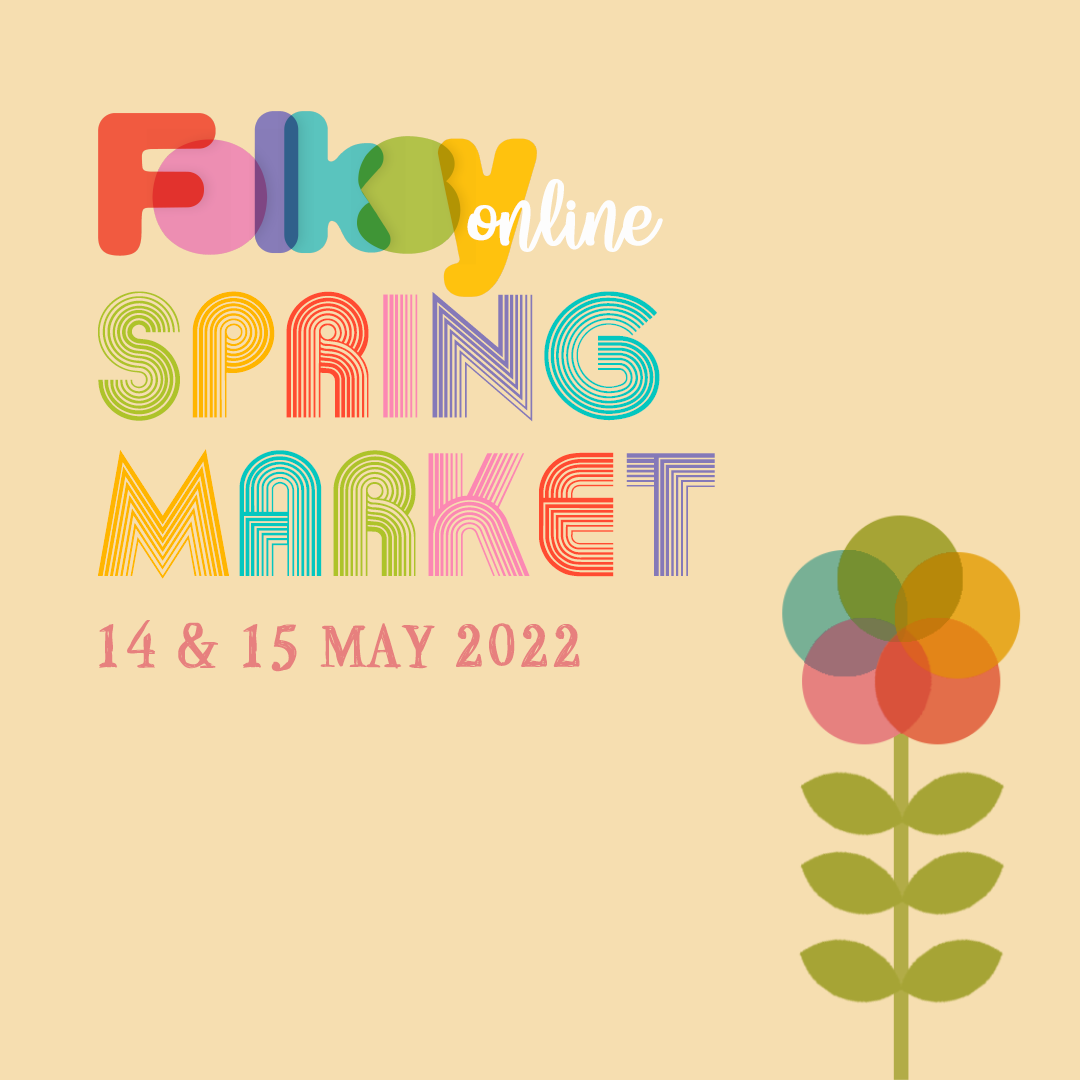 Image of the Folksy Spring market 14-15 May using Folksy's brand colours of green, yellow, russet orange, pink, purple and blue, with a flower using these colours on a light pink background