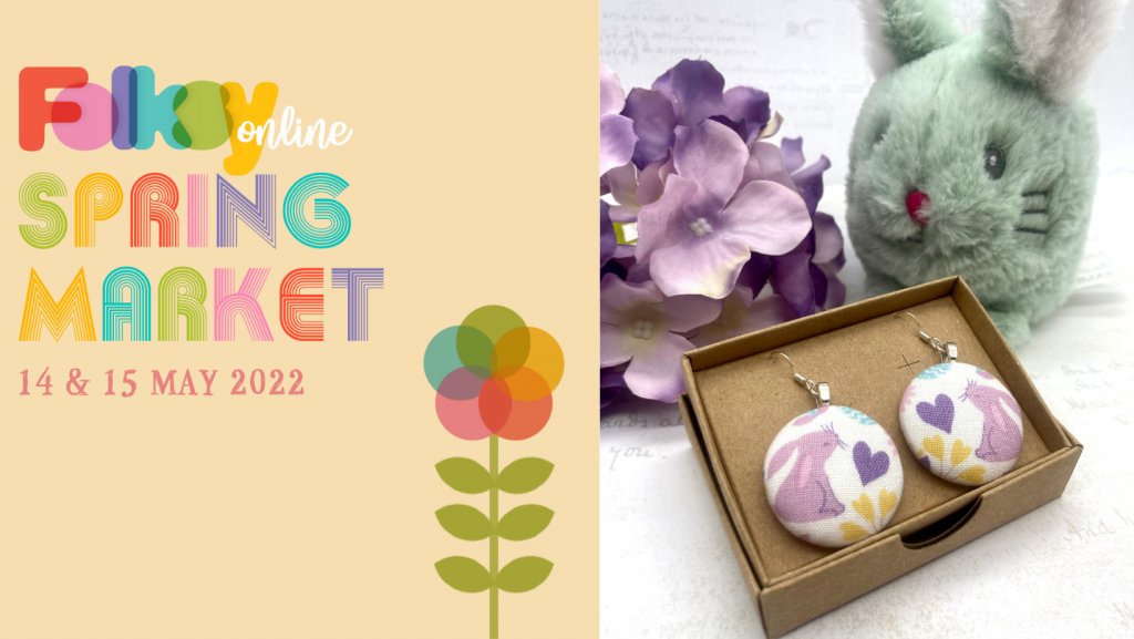 Image of Folksy Online Spring Market image and a modern colour photograph of a pair of fabric button earrings featuring lilac bunnies and hearts by Bowerbird Jewellery