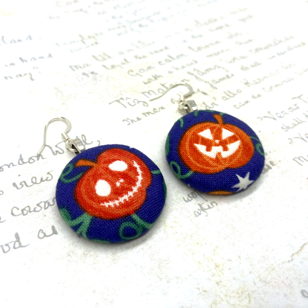 pumpkin jack o lantern fabric button earrings by Bowerbird Jewellery