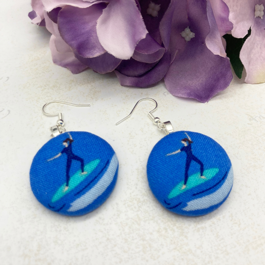 surfer girl fabric button earrings, available at Winifred & Mabel, Wadebridge