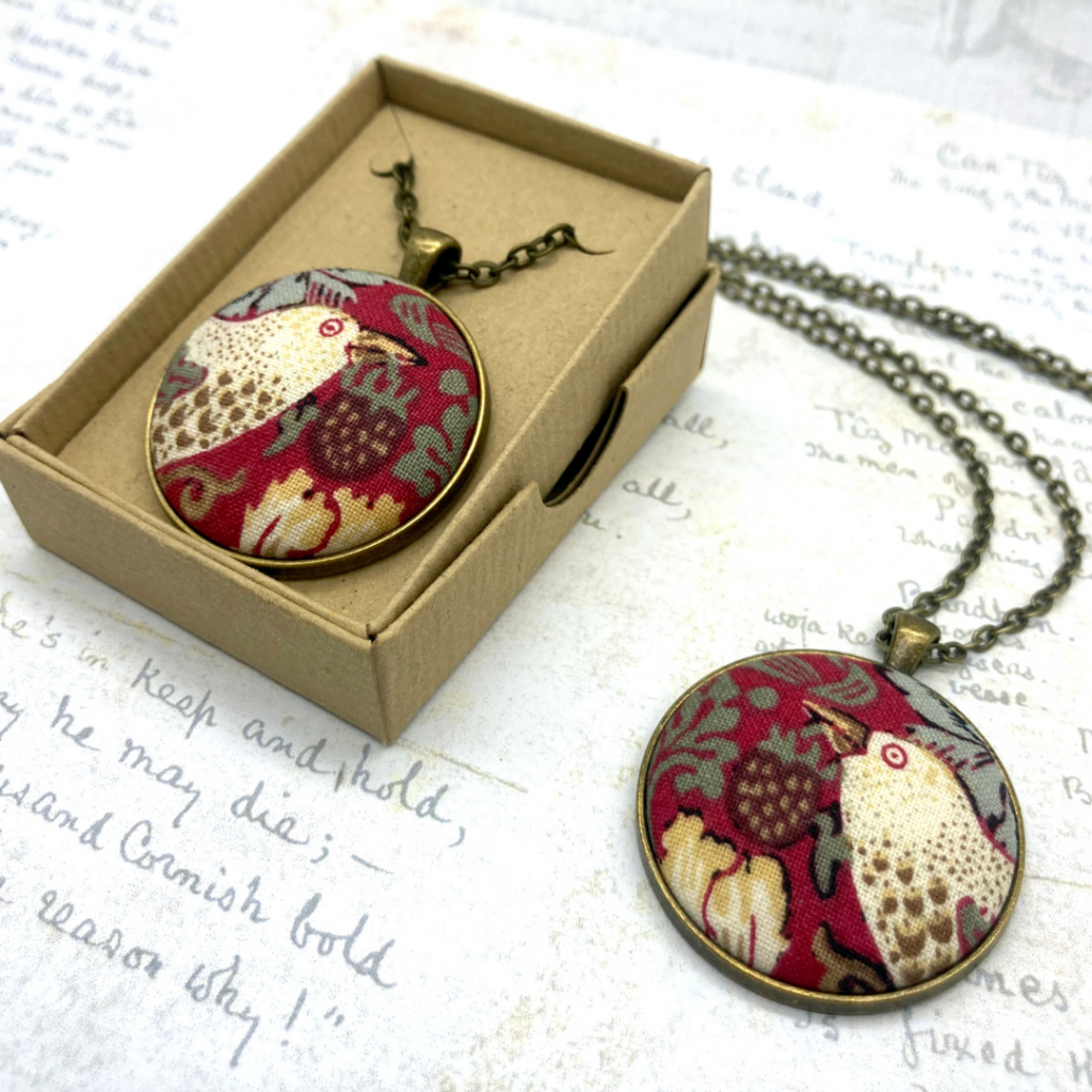William Morris strawberry thief red pendants with antique bronze plated setting and chain