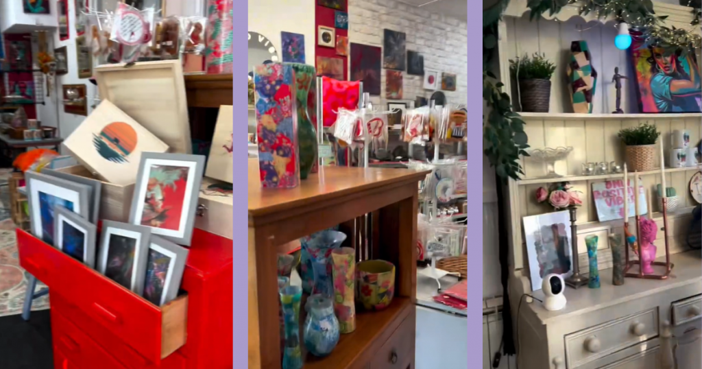 three colour photos of the interior of Molarky Penzance, displaying artworks, glassware and other gifts