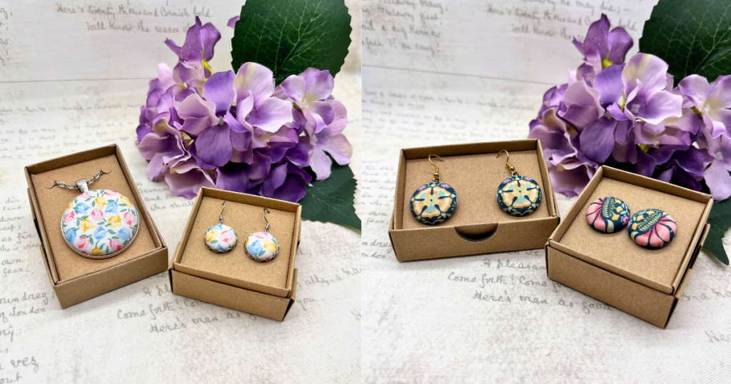 pale bule, pink and yellow small tulip floral fabric jewellery and passionflower and five petal yellow flower earrings by Bowerbird Jewellery